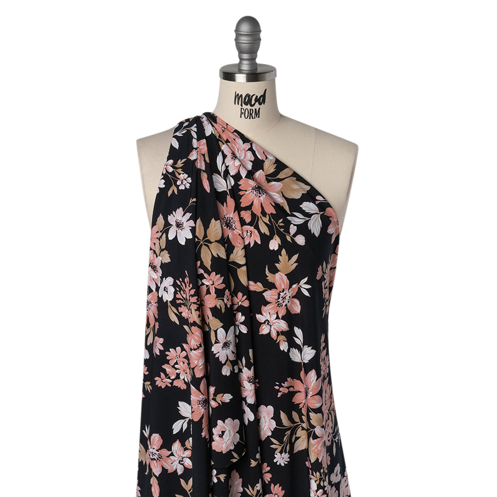 Stretch Polyester Jersey with Puff Print - Black, Pink and Beige Floral - Designer Deadstock