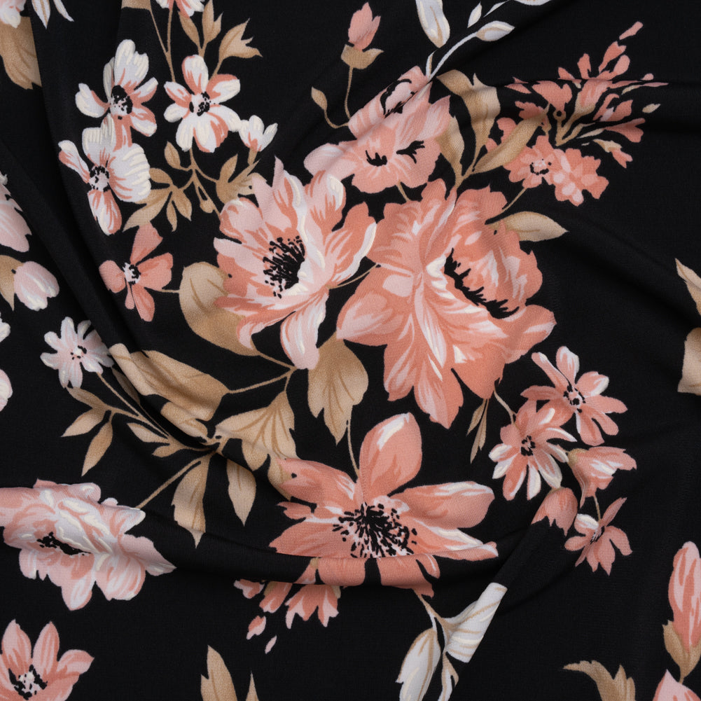 Stretch Polyester Jersey with Puff Print - Black, Pink and Beige Floral - Designer Deadstock