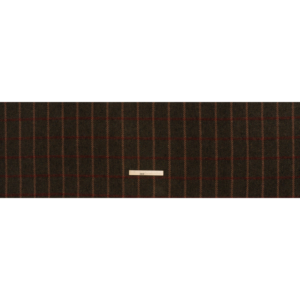 Wool Blend Tweedy Twill - Olive Brown, Tan and Red Plaid