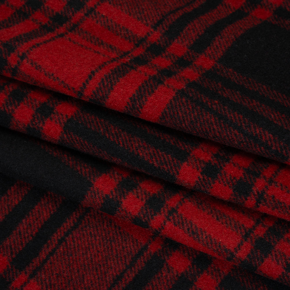 Boiled Wool Blend Tweedy Coating - Black and Red Plaid