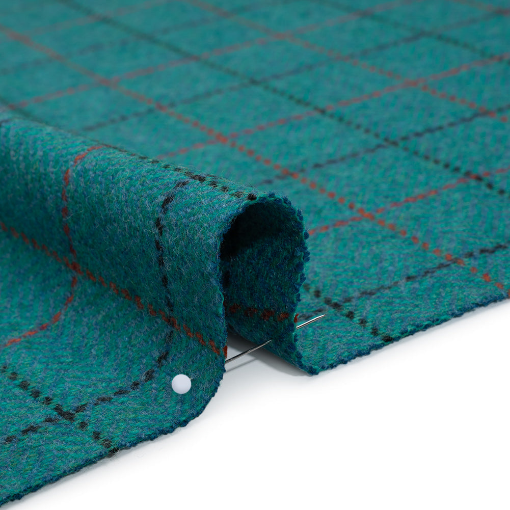 Wool Blend Tweedy Twill - Teal, Red and Navy Blue Herringbone and Plaid