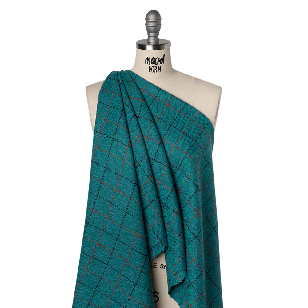 Wool Blend Tweedy Twill - Teal, Red and Navy Blue Herringbone and Plaid