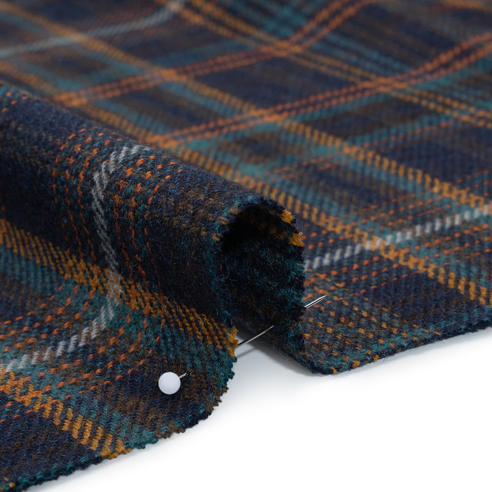 Wool Blend Tweedy Twill - Navy, Burnt Orange and Teal Blue Plaid