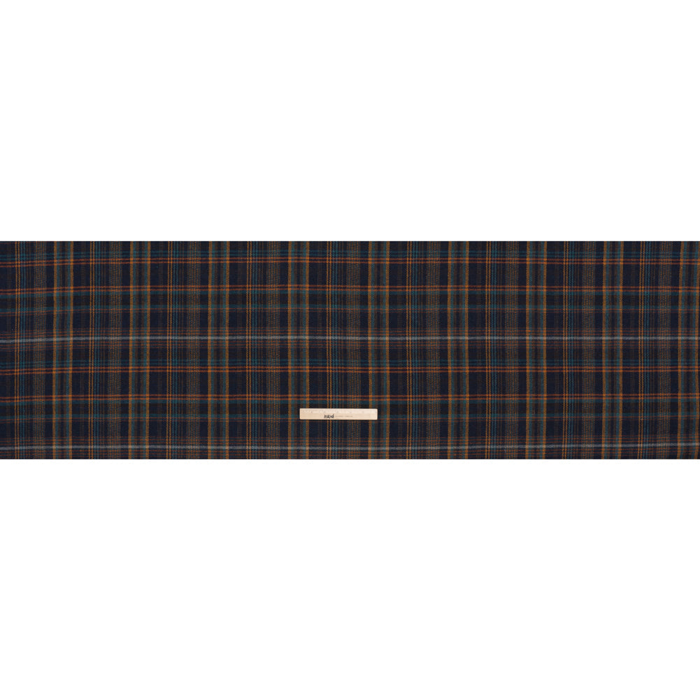 Wool Blend Tweedy Twill - Navy, Burnt Orange and Teal Blue Plaid