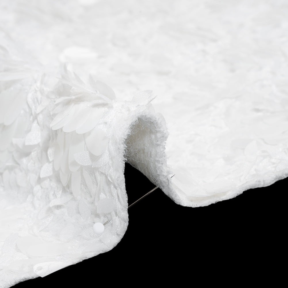 Fuzzy Tweed with Fabric Appliques and Oval Paillette Sequins - White Vines