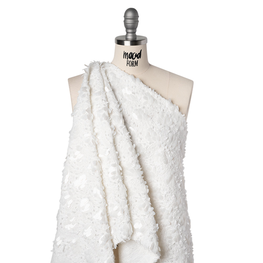 Fuzzy Tweed with Fabric Appliques and Oval Paillette Sequins - White Vines