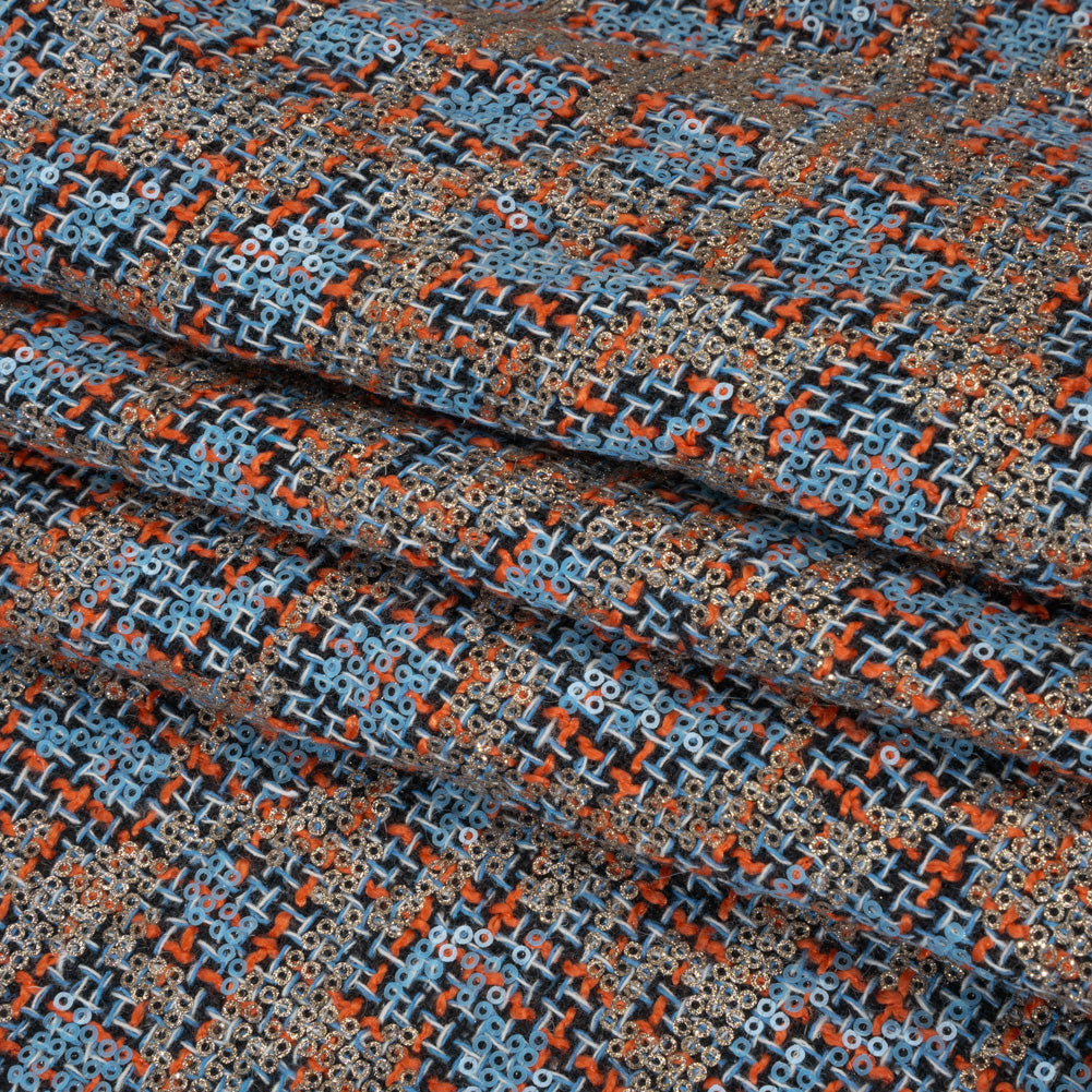 Polyester Tweed with Sequins - Sky Blue, Orange and Navy Plaid with Gold and Sky Blue Sequined Animal Spots