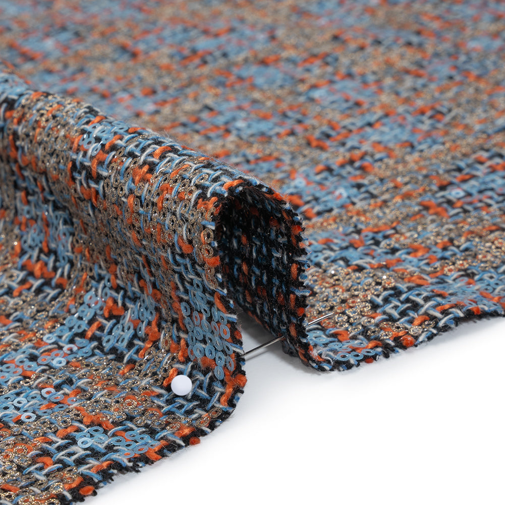 Polyester Tweed with Sequins - Sky Blue, Orange and Navy Plaid with Gold and Sky Blue Sequined Animal Spots