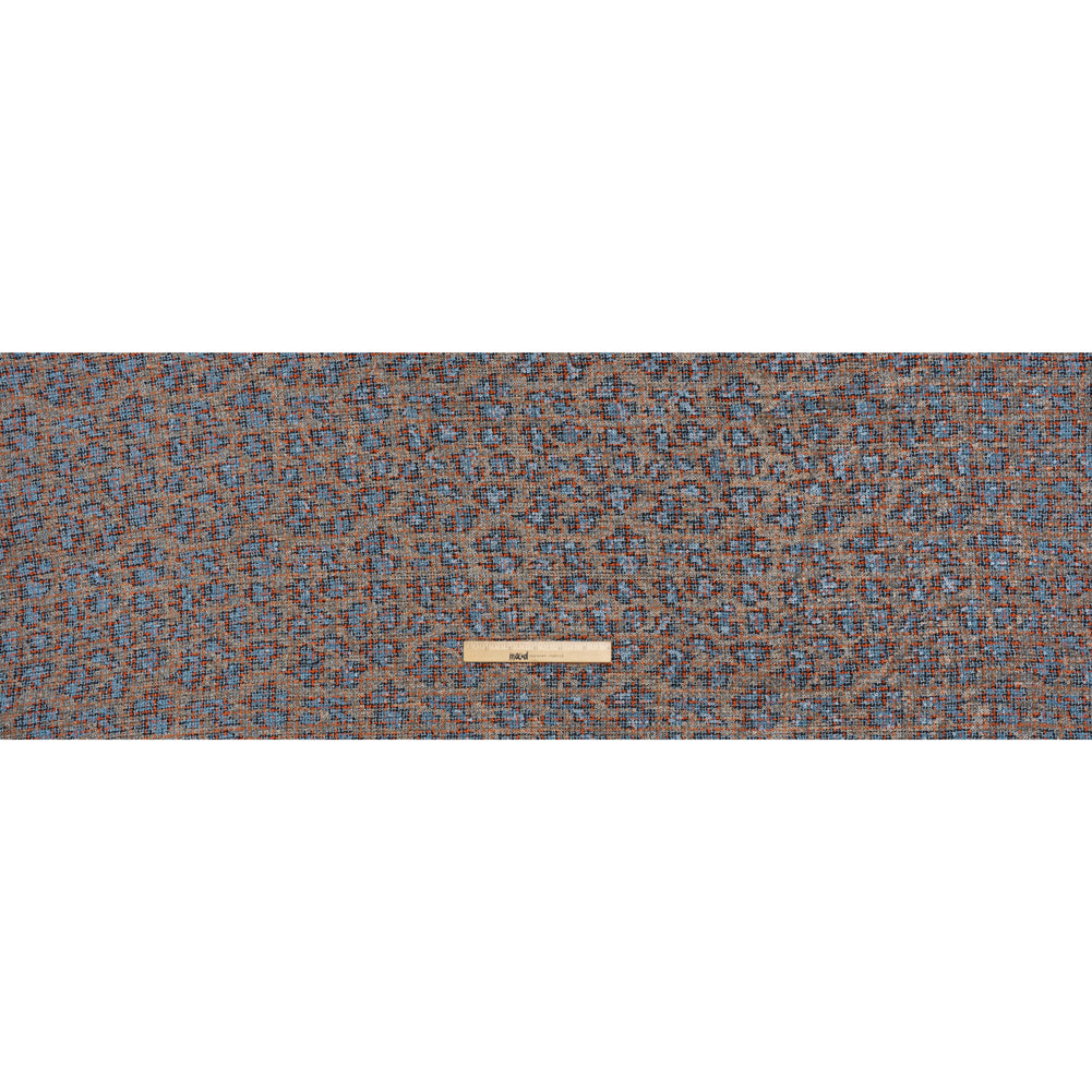 Polyester Tweed with Sequins - Sky Blue, Orange and Navy Plaid with Gold and Sky Blue Sequined Animal Spots