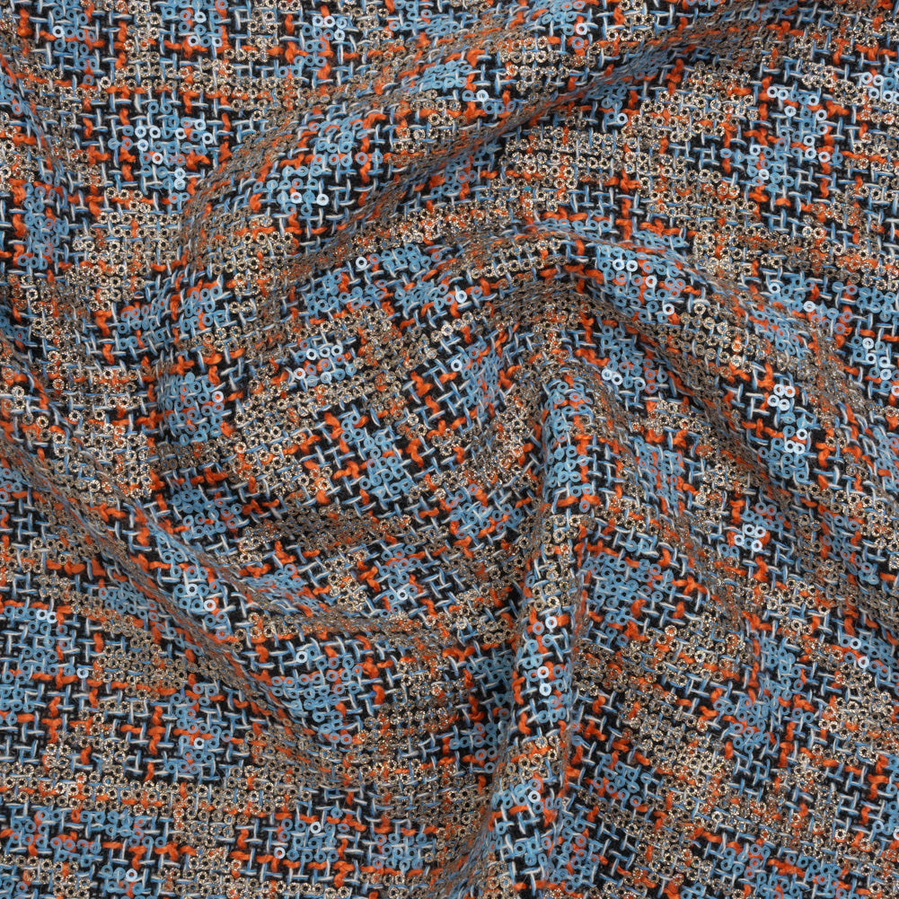 Polyester Tweed with Sequins - Sky Blue, Orange and Navy Plaid with Gold and Sky Blue Sequined Animal Spots