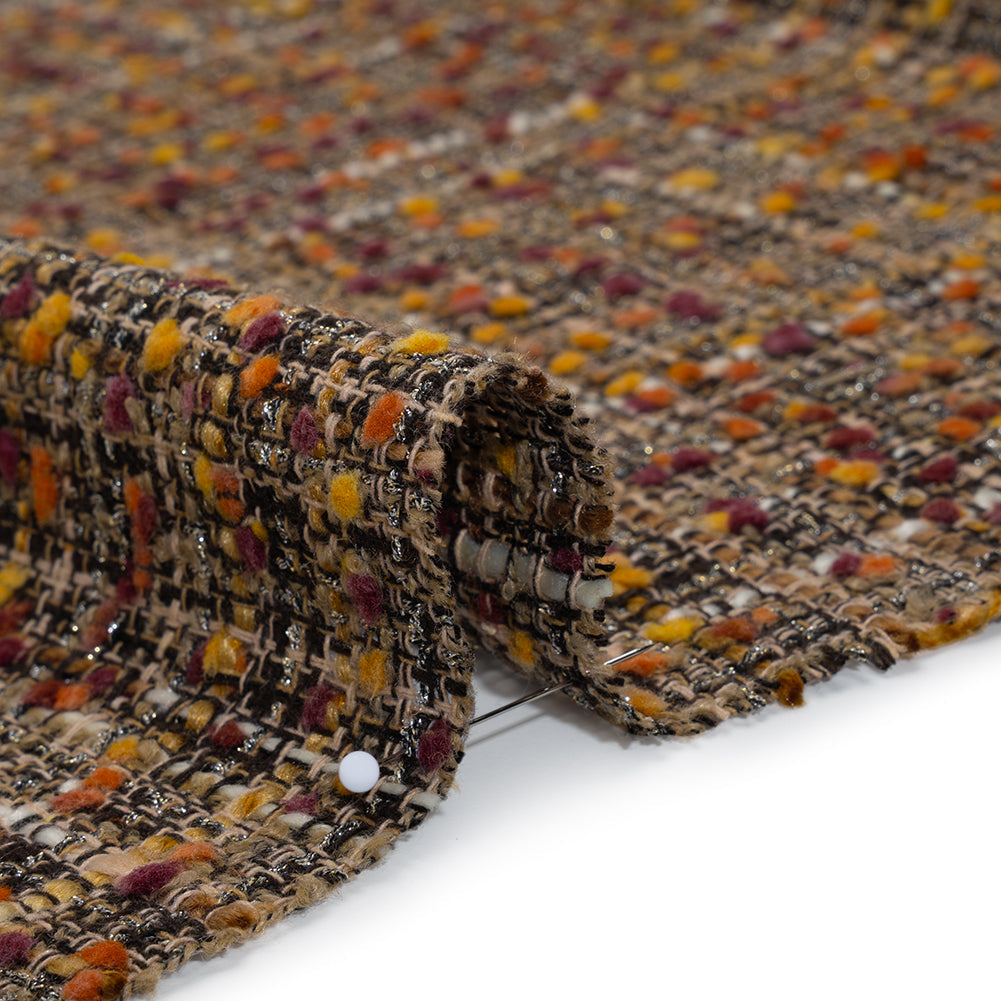 Polyester Tweed with Mini Pom Poms - Dark Brown, Yellow Ochre and Burgundy Tweed