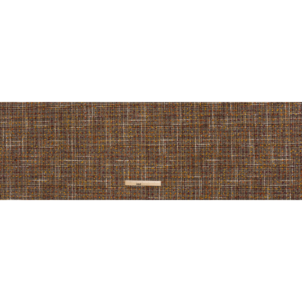 Polyester Tweed with Mini Pom Poms - Dark Brown, Yellow Ochre and Burgundy Tweed