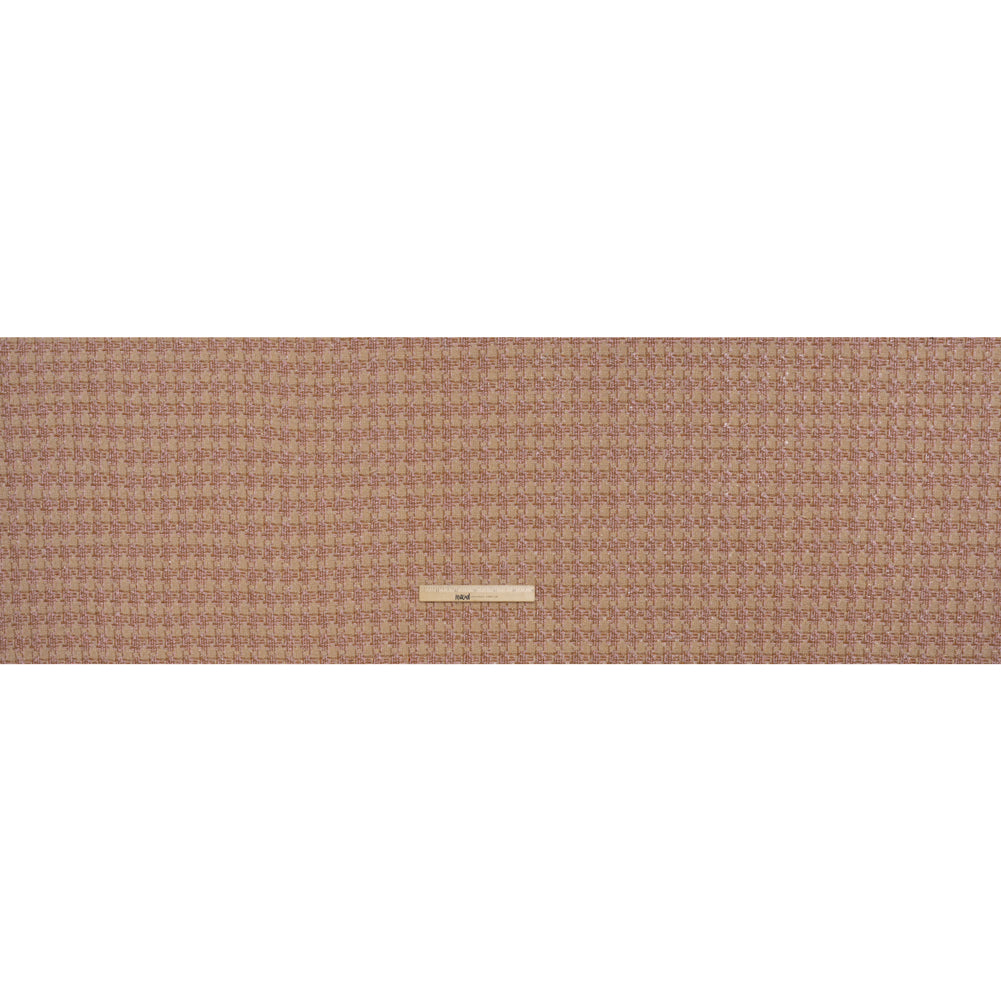 Polyester Metallic Tweed with Eyelash Fringe - Pale Pink, Beige and Tan Houndstooth