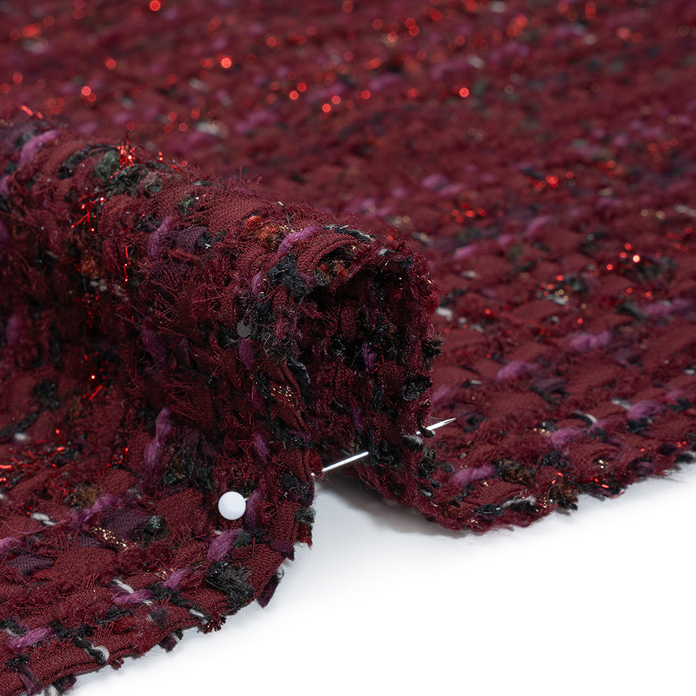 Polyester and Wool Blend Tweed with Eyelash Fringe - Burgundy, Fuchsia and Black