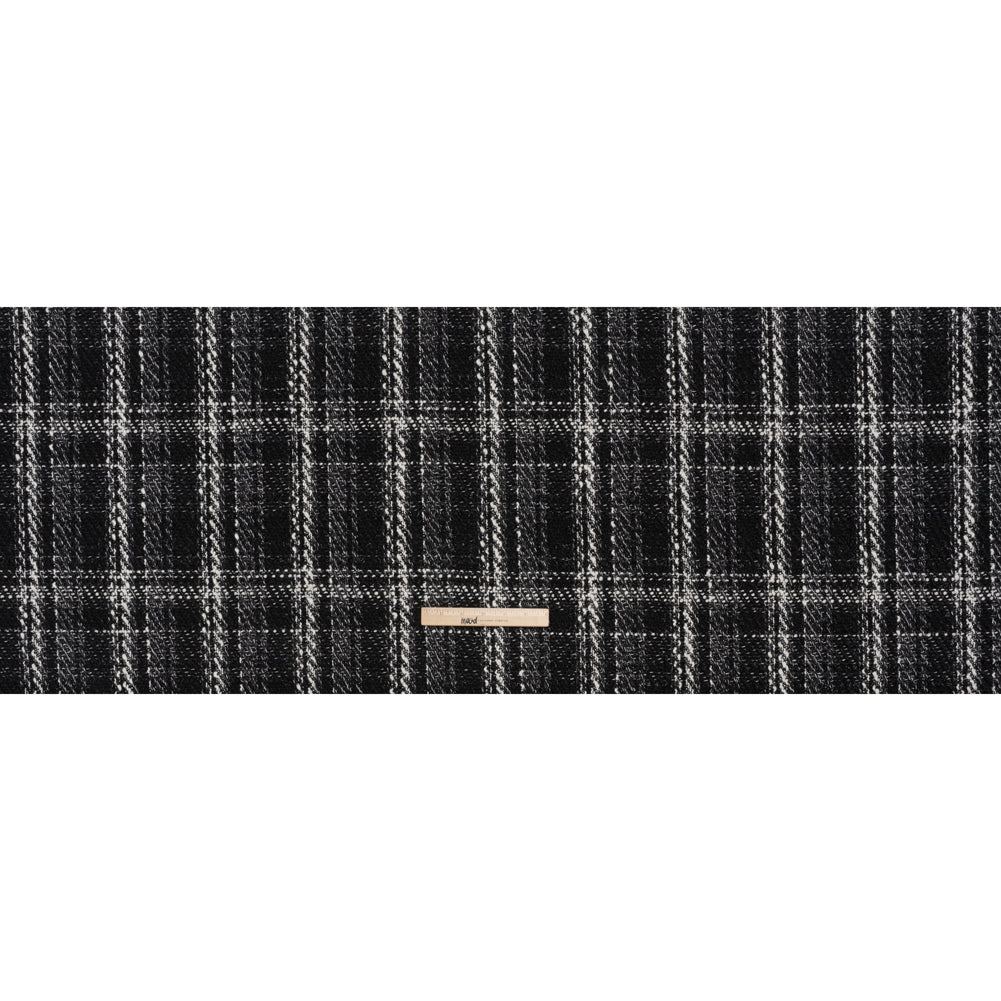 Metallic Polyester and Cotton Twill Tweed - Black and White Plaid