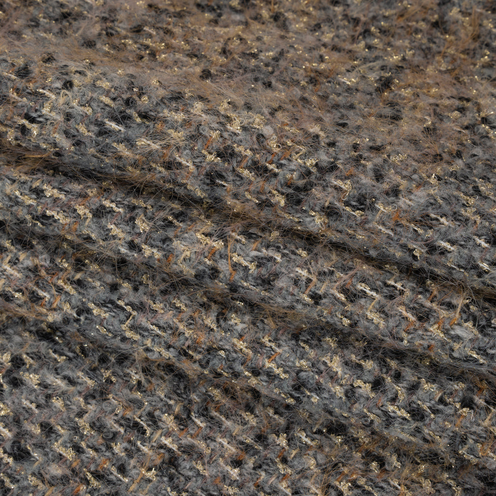 Fuzzy Polyester and Wool Blend Woven Metallic Tweed - Tan, Gray and Gold