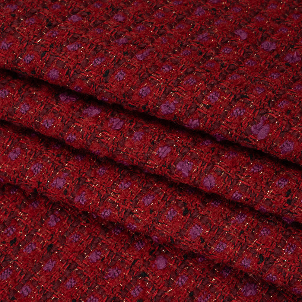 Wool Blend Tweed with Metallic Gold Accents - Red, Burgundy and Fuchsia Plaid