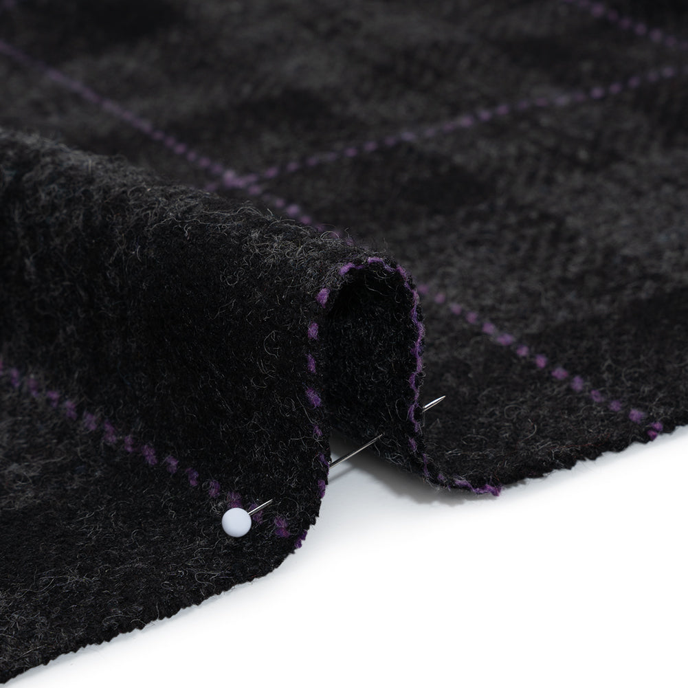 Wool Blend Twill Tweed - Black, Gray and Purple Plaid