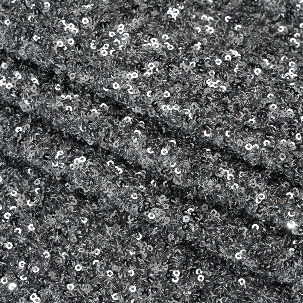 Recycled Polyester All-Over Circular Baby Sequins on Stretch Mesh - Silver - Divine Collection