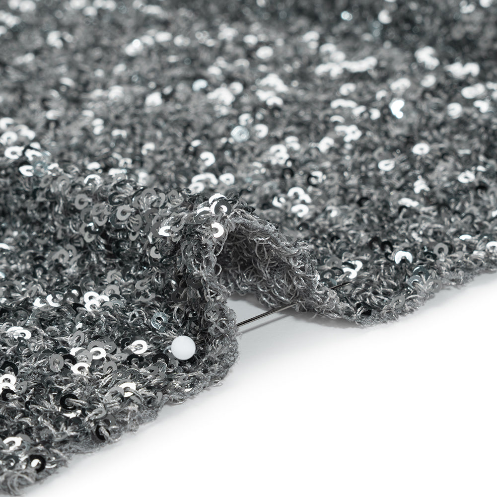 Recycled Polyester All-Over Circular Baby Sequins on Stretch Mesh - Silver - Divine Collection
