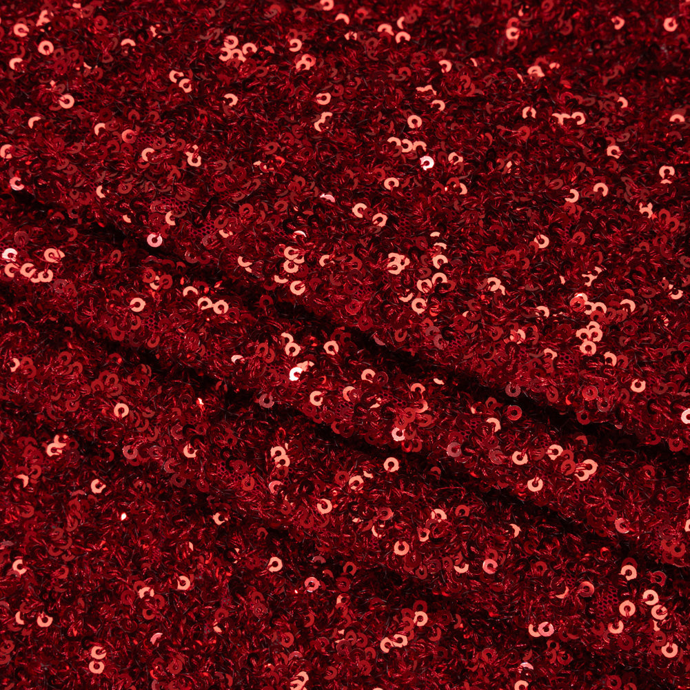 Recycled Polyester All-Over Circular Baby Sequins on Stretch Mesh - Red - Divine Collection
