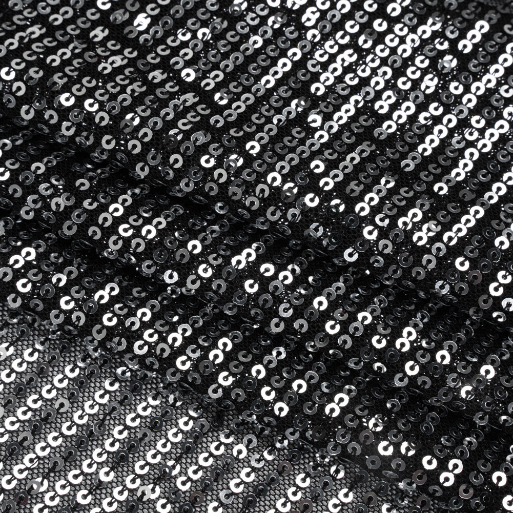 Recycled Polyester Circle Sequin Stripes on Stretch Mesh - Silver on Black - Transcendent Collection