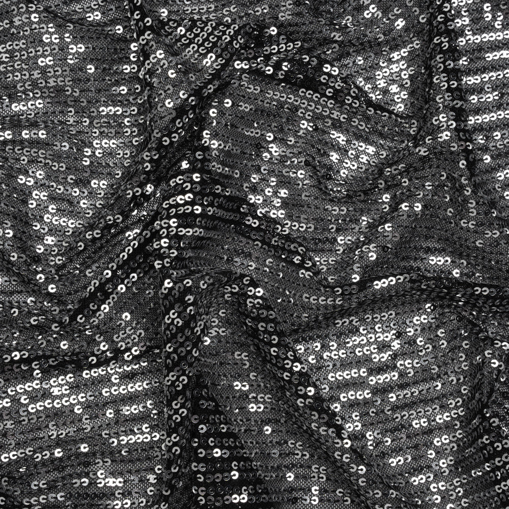Recycled Polyester Circle Sequin Stripes on Stretch Mesh - Silver on Black - Transcendent Collection