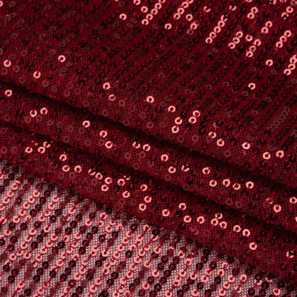 Recycled Polyester Circle Sequin Stripes on Stretch Mesh - Tango Red - Transcendent Collection