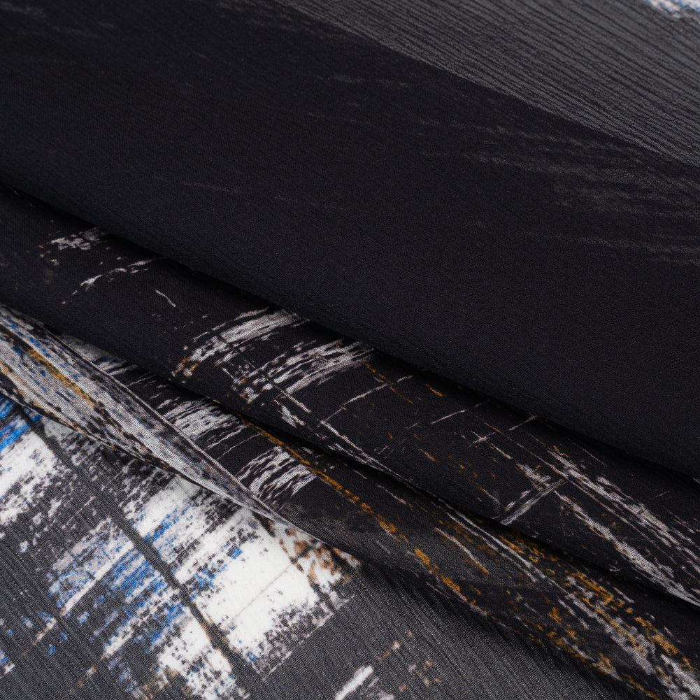 Crinkled Silk Chiffon Print - Black, Blue and White Brushy Plaid - Deadstock
