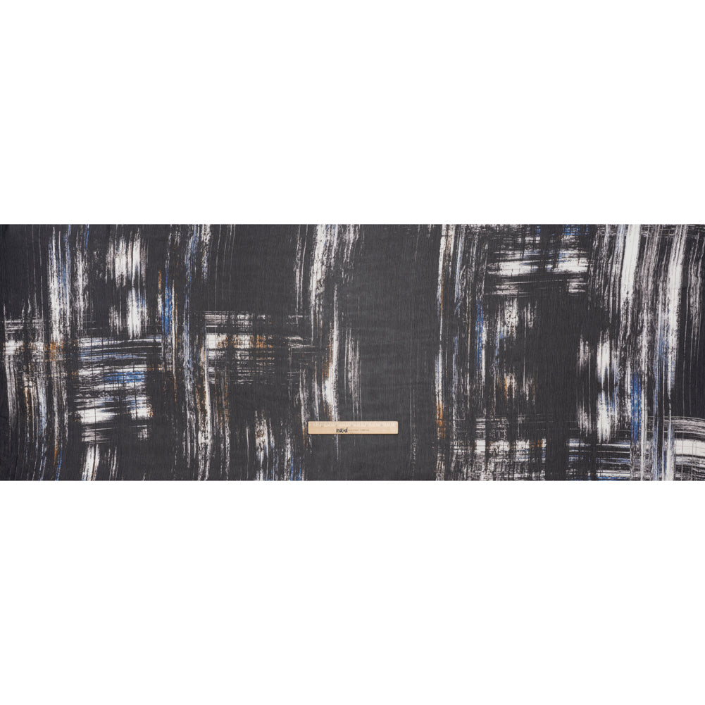 Crinkled Silk Chiffon Print - Black, Blue and White Brushy Plaid - Deadstock