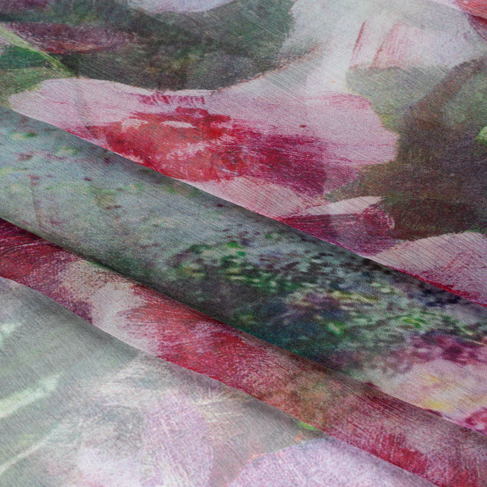 Crinkled Silk Chiffon Print - Green and Pink Ferns and Painterly Flowers Borders - Deadstock