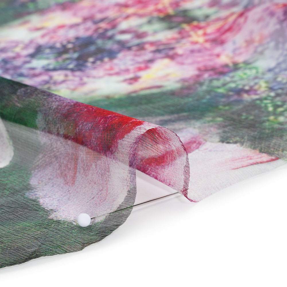 Crinkled Silk Chiffon Print - Green and Pink Ferns and Painterly Flowers Borders - Deadstock