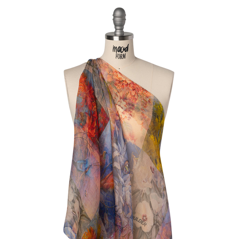 Crinkled Silk Chiffon Print - Red, Yellow and Blue Butterflies, Birds and Floral Patchwork - Deadstock