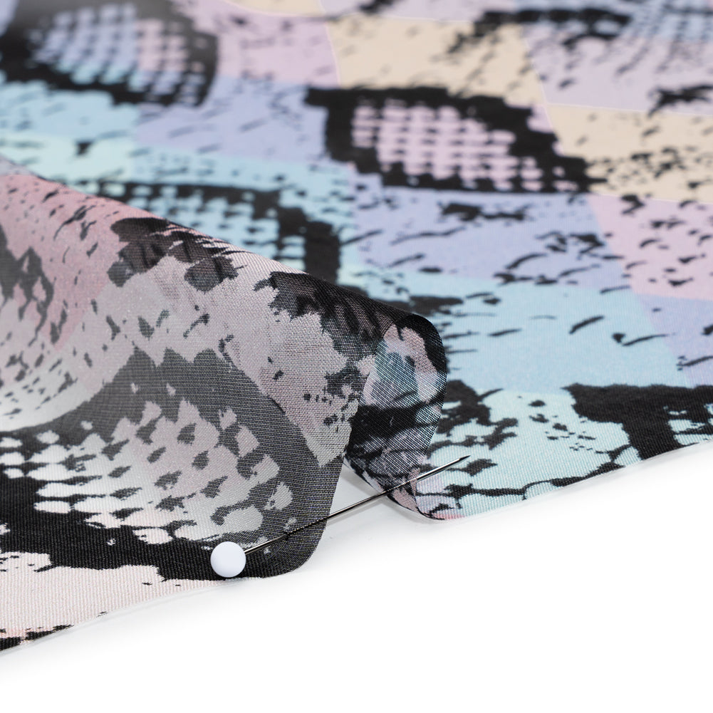 Silk Voile Print - Pastel Rainbow Diamonds and Black Snakeskin - Deadstock