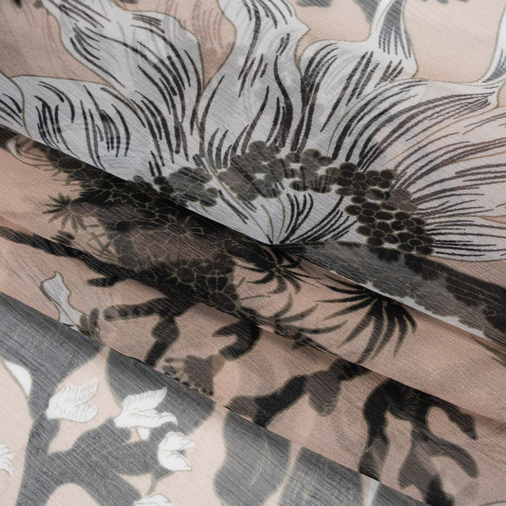 Crinkled Silk Chiffon Print - Pale Peach, Black and White Classic Tropical Floral - Deadstock