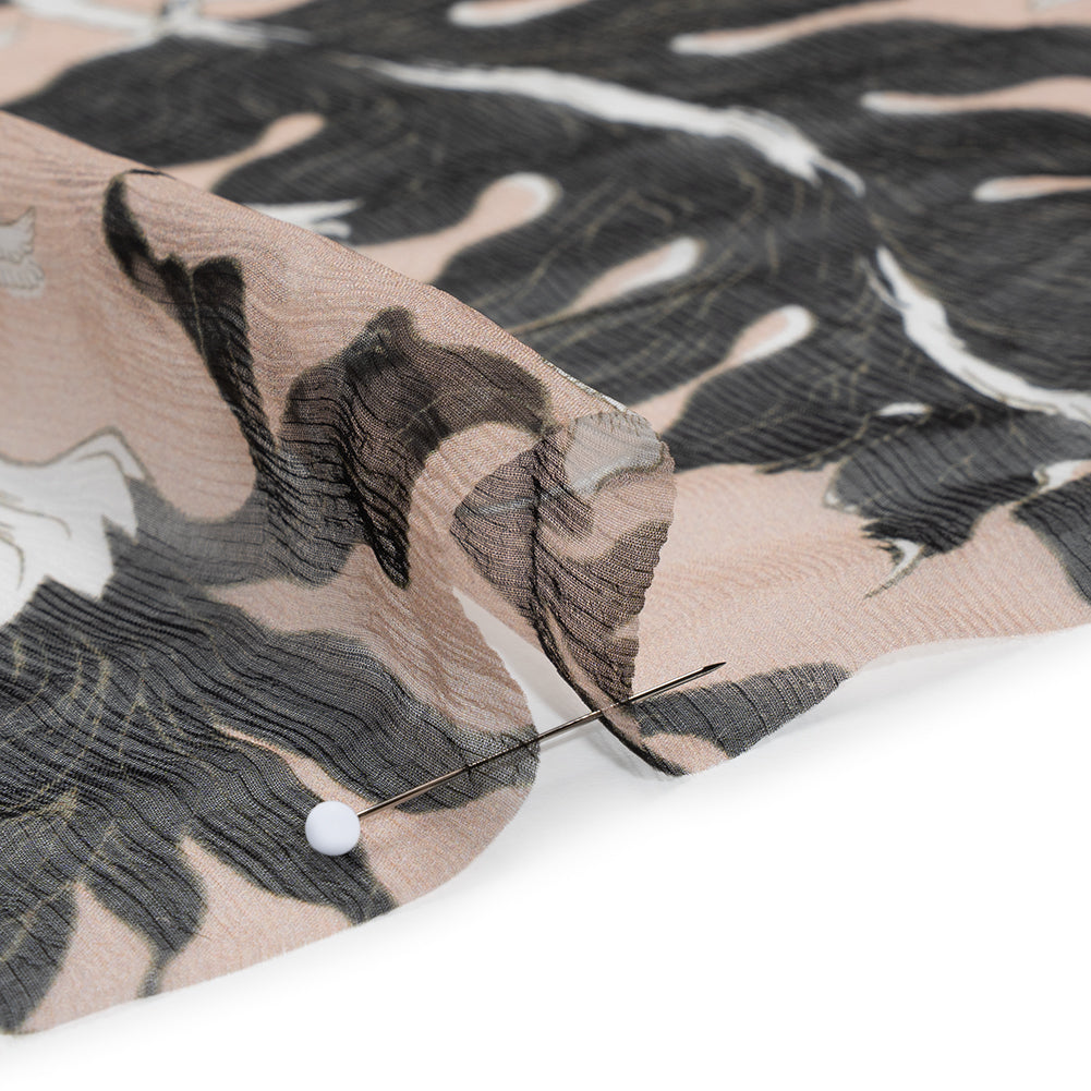 Crinkled Silk Chiffon Print - Pale Peach, Black and White Classic Tropical Floral - Deadstock