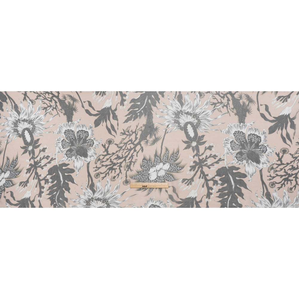 Crinkled Silk Chiffon Print - Pale Peach, Black and White Classic Tropical Floral - Deadstock