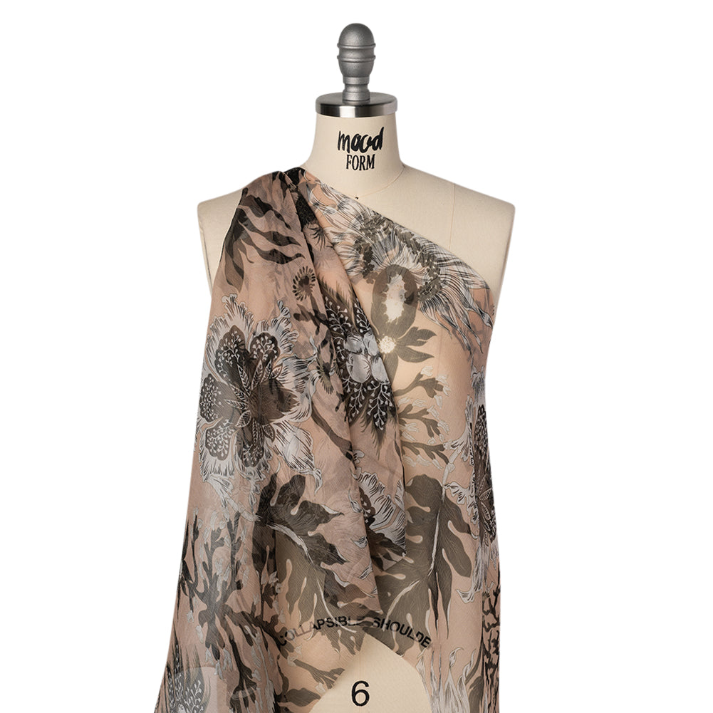 Crinkled Silk Chiffon Print - Pale Peach, Black and White Classic Tropical Floral - Deadstock