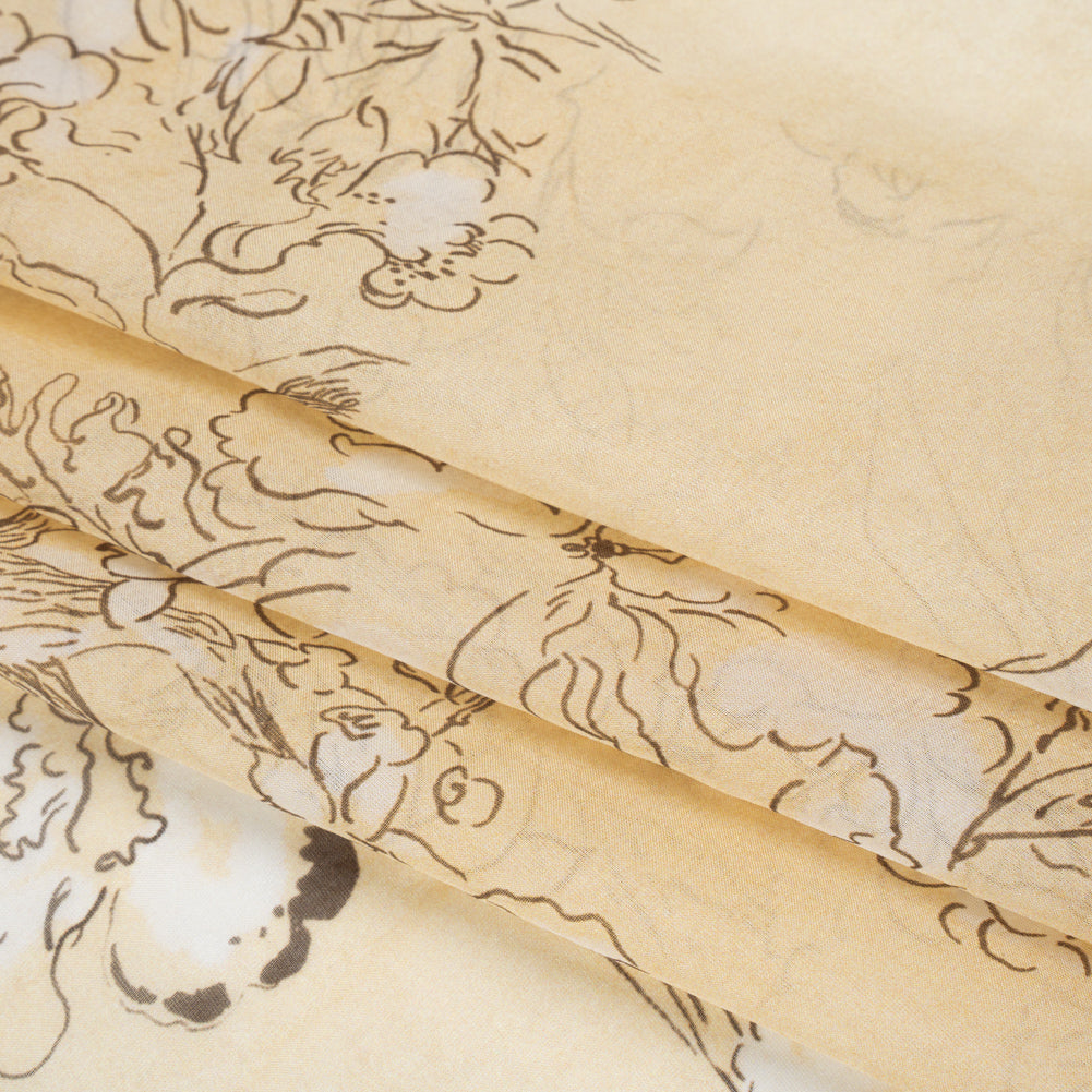 Silk Voile Print - Yellow-Beige, White and Charcoal Illustrated Flowers and Animals - Deadstock