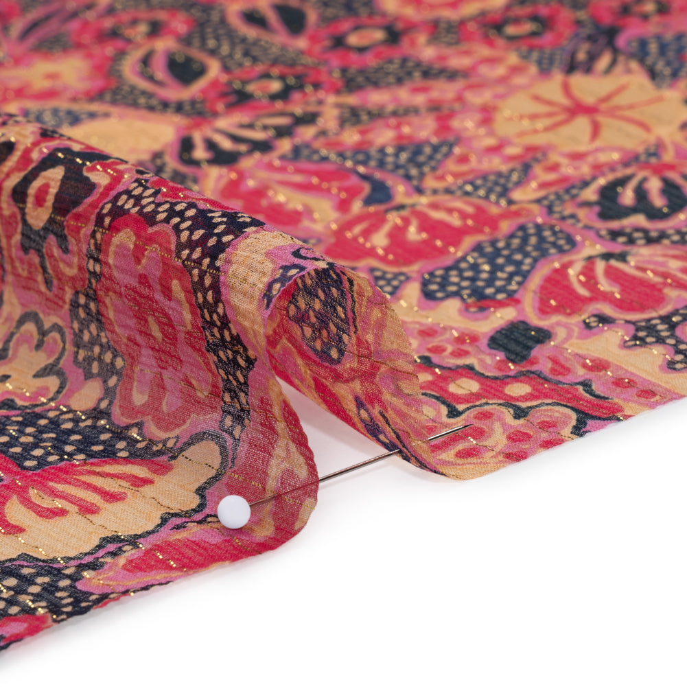 Crinkled Silk Chiffon Print with Metallic Gold Pinstripes - Pink, Navy, and Yellow-Beige Floral - Deadstock