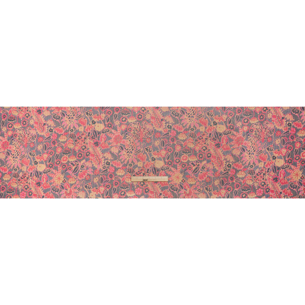 Crinkled Silk Chiffon Print with Metallic Gold Pinstripes - Pink, Navy, and Yellow-Beige Floral - Deadstock