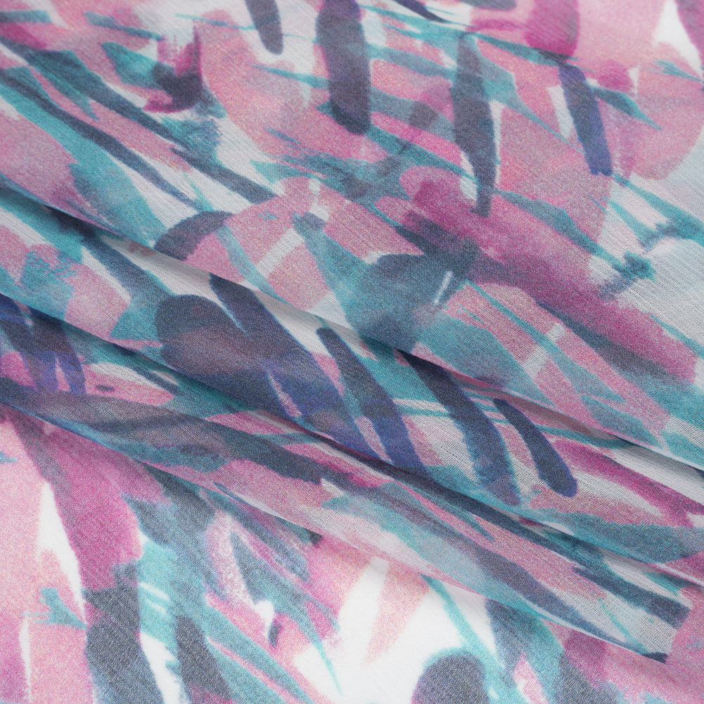 Crinkled Silk Chiffon Print - Pink, Navy, and Teal Abstract - Deadstock