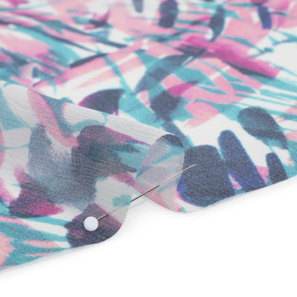 Crinkled Silk Chiffon Print - Pink, Navy, and Teal Abstract - Deadstock