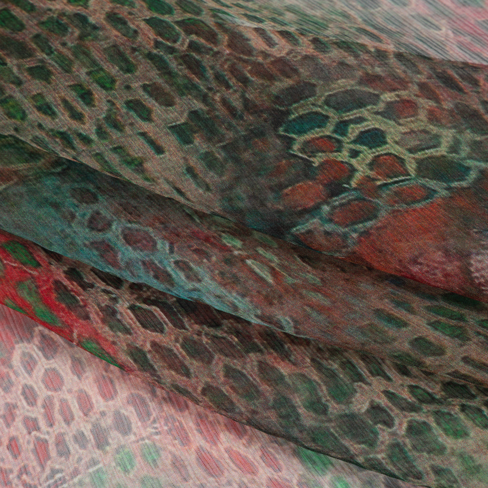 Crinkled Silk Chiffon Print - Red and Green Snakeskin - Deadstock