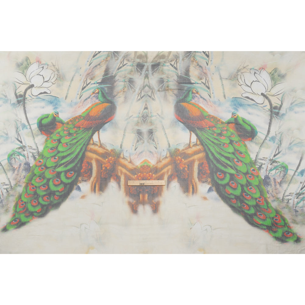 Crinkled Silk Chiffon Panel - Green, Pale Yellow and Gray Big Green Peacocks - Deadstock
