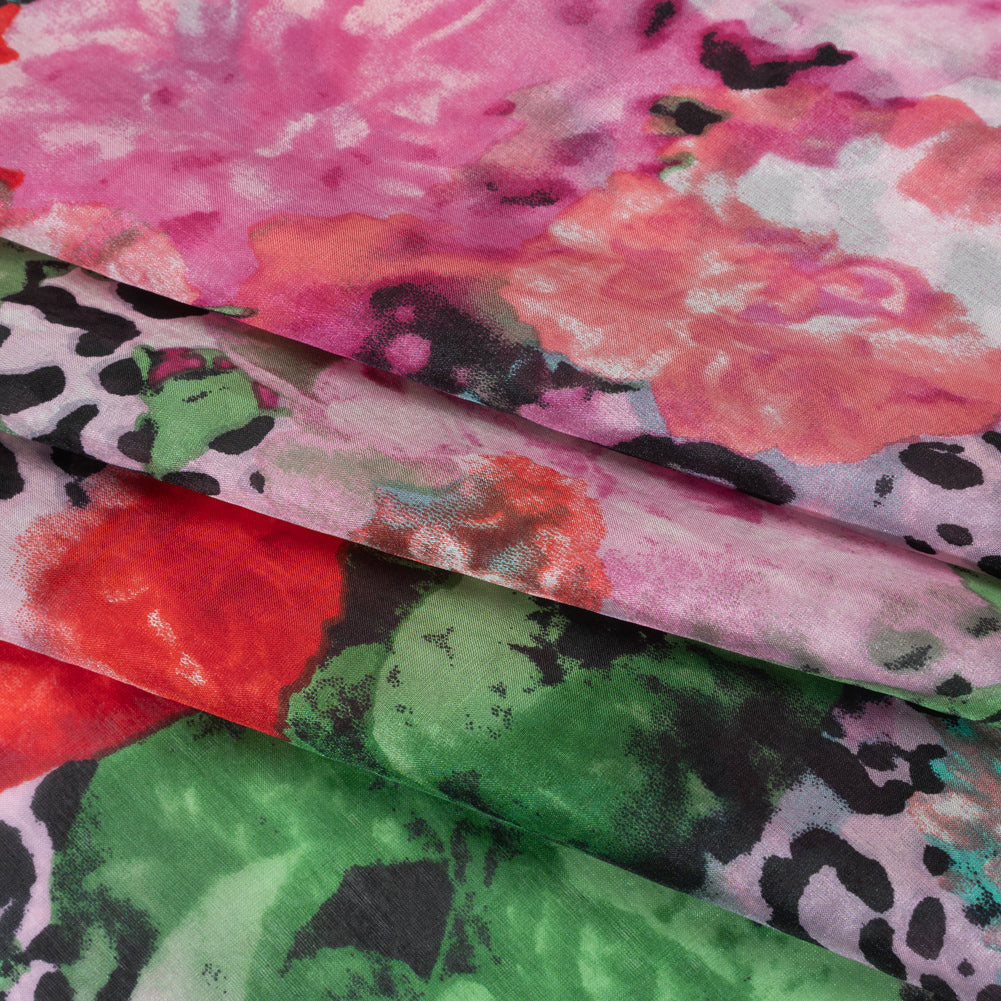 China Silk/Habotai Print - Pink, Green and Black Flowers and Leopard Spots - Deadstock