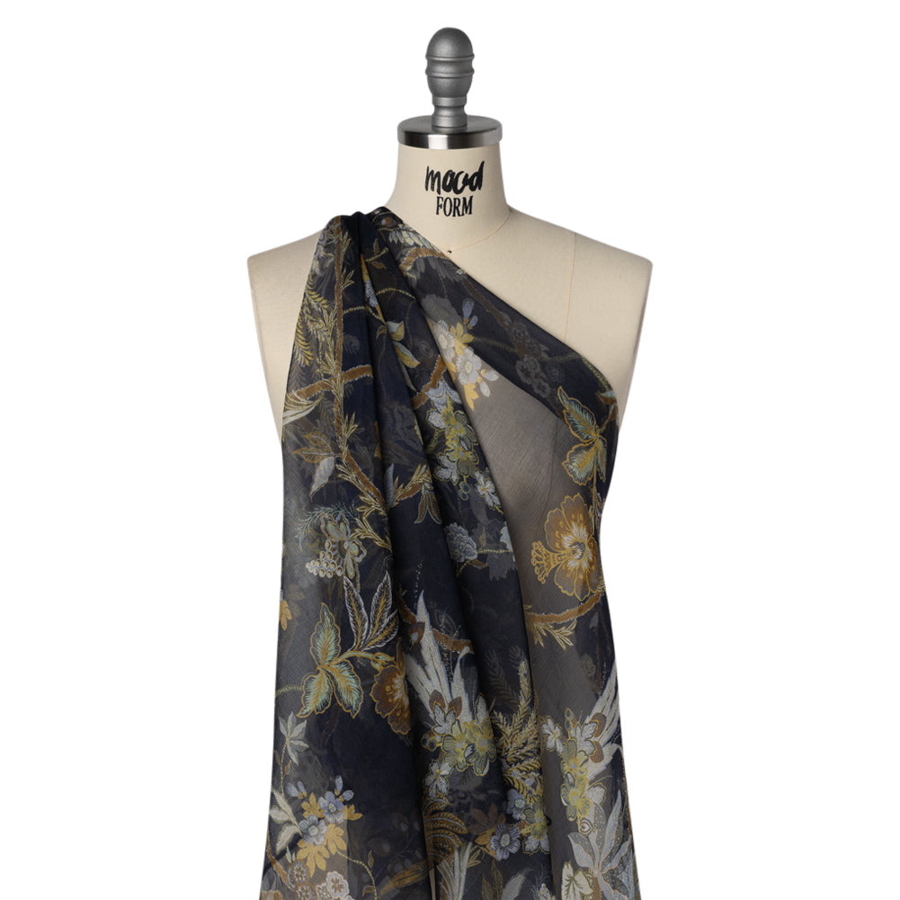 Crinkled Silk Chiffon Print - Navy, Brown and Yellow Classical Floral with Birds - Deadstock