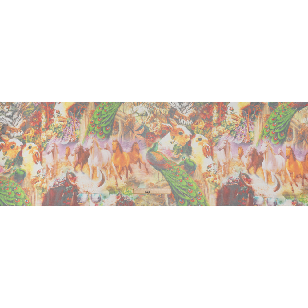 Crinkled Silk Chiffon Print - Green, Gold, and Red Flowers and Animals - Deadstock