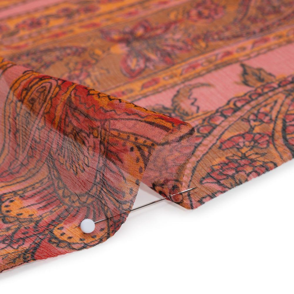 Crinkled Silk Chiffon Print - Pink, Dark Orange and Red Paisley and Floral Stripe - Deadstock