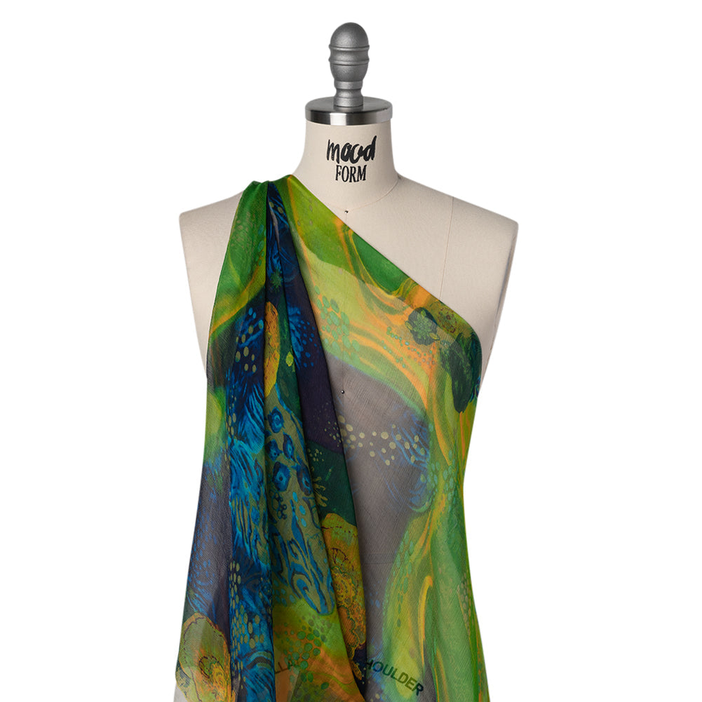 Crinkled Silk Chiffon Print - Green, Yellow and Blue Abstract Florals - Deadstock